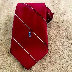 YSL Tie Silk Striped Red & White w Logo Embroidery